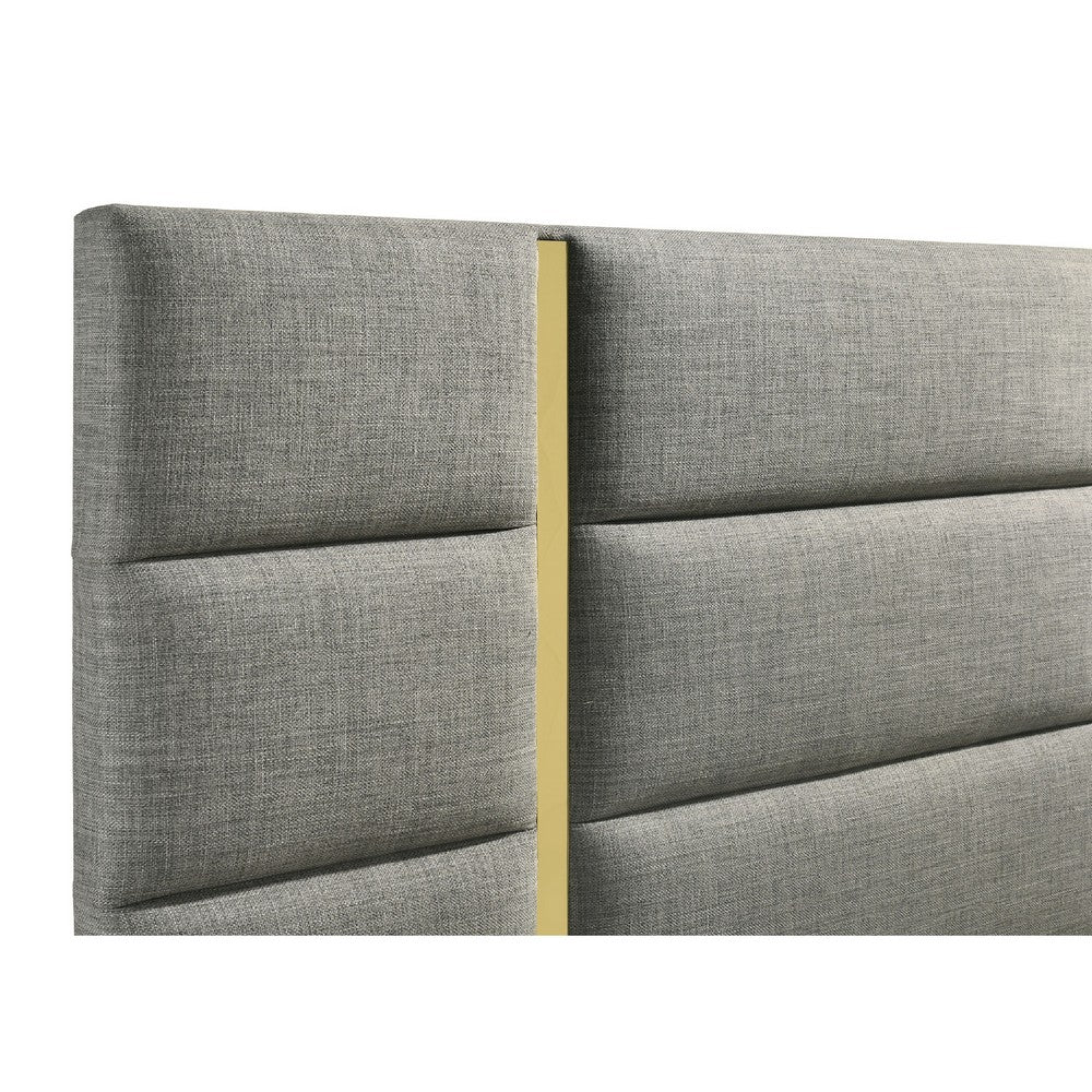 Orion Queen Panel Bed with Gold Trim | Wood Frame | Gray Chaneled Fabric