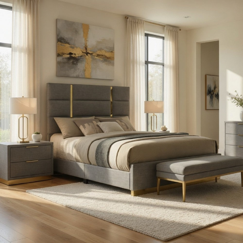 Orion Queen Panel Bed with Gold Trim | Wood Frame | Gray Chaneled Fabric