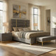 Orion Queen Panel Bed with Gold Trim | Wood Frame | Gray Chaneled Fabric