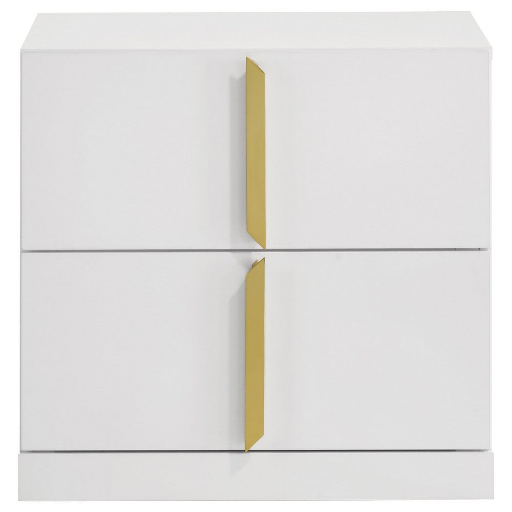 Orion Nightst& with 2 Drawers | Gold Metal Pulls | White Gloss Wood