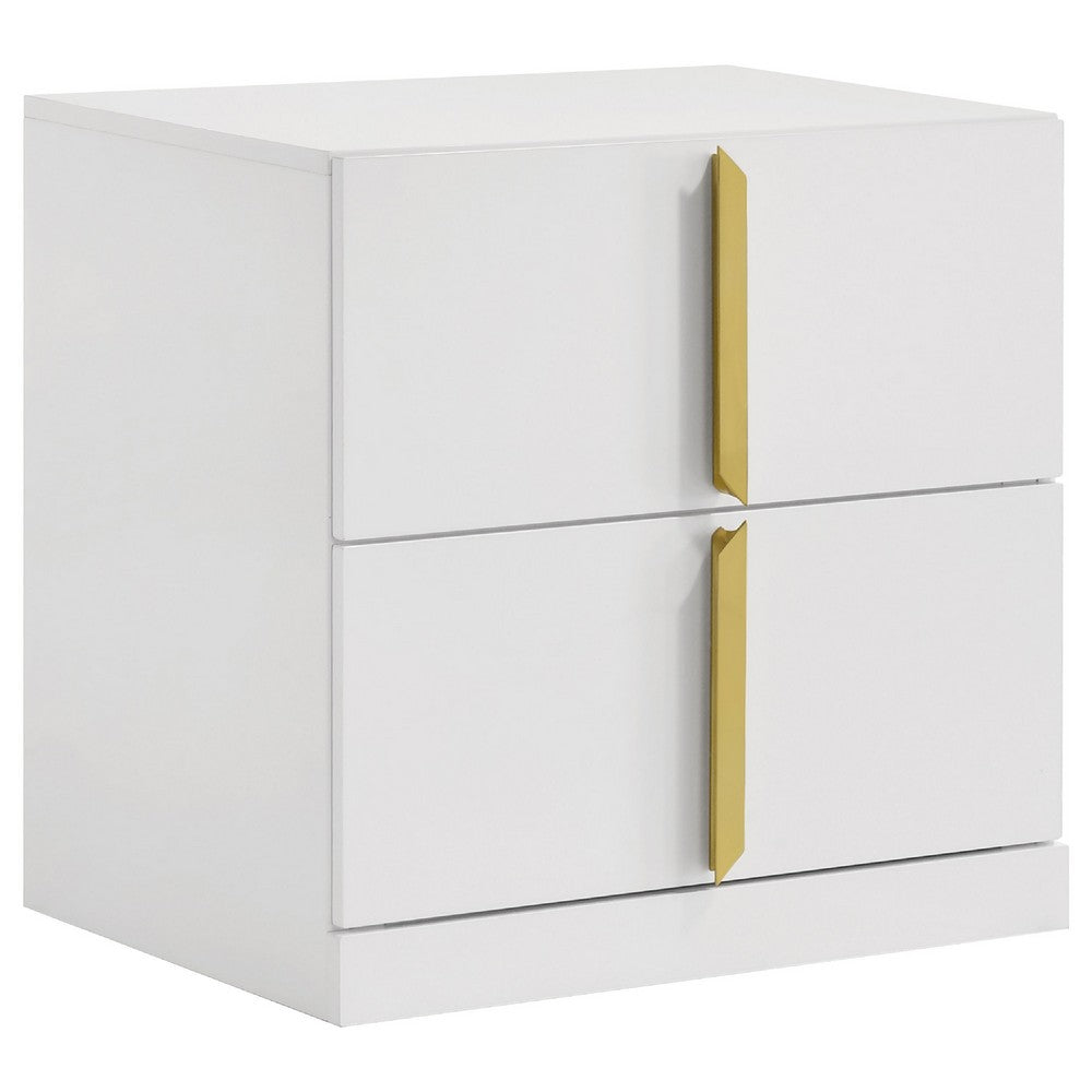 Orion Nightst& with 2 Drawers | Gold Metal Pulls | White Gloss Wood