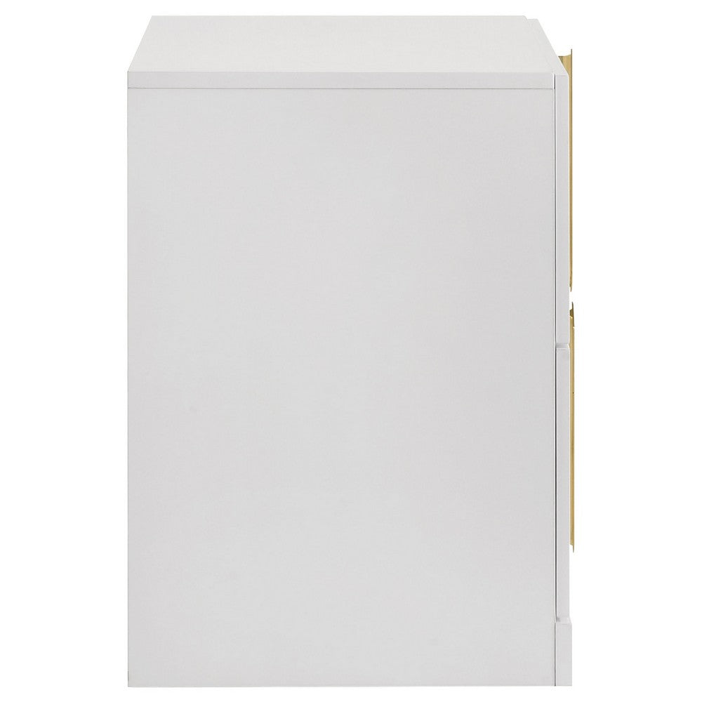 Orion Nightst& with 2 Drawers | Gold Metal Pulls | White Gloss Wood