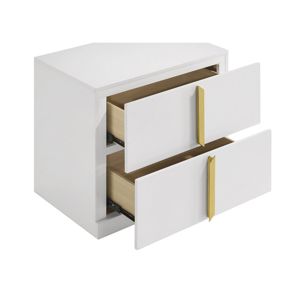 Orion Nightst& with 2 Drawers | Gold Metal Pulls | White Gloss Wood