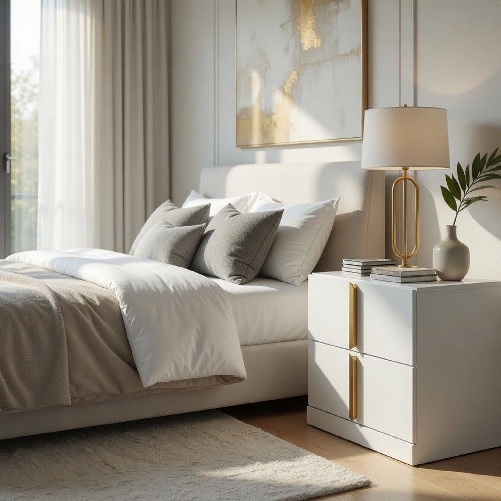 Orion Nightst& with 2 Drawers | Gold Metal Pulls | White Gloss Wood