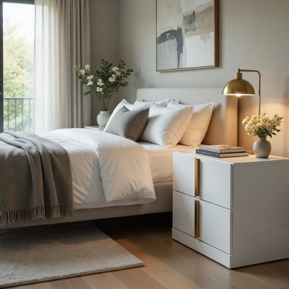 Orion Nightst& with 2 Drawers | Gold Metal Pulls | White Gloss Wood