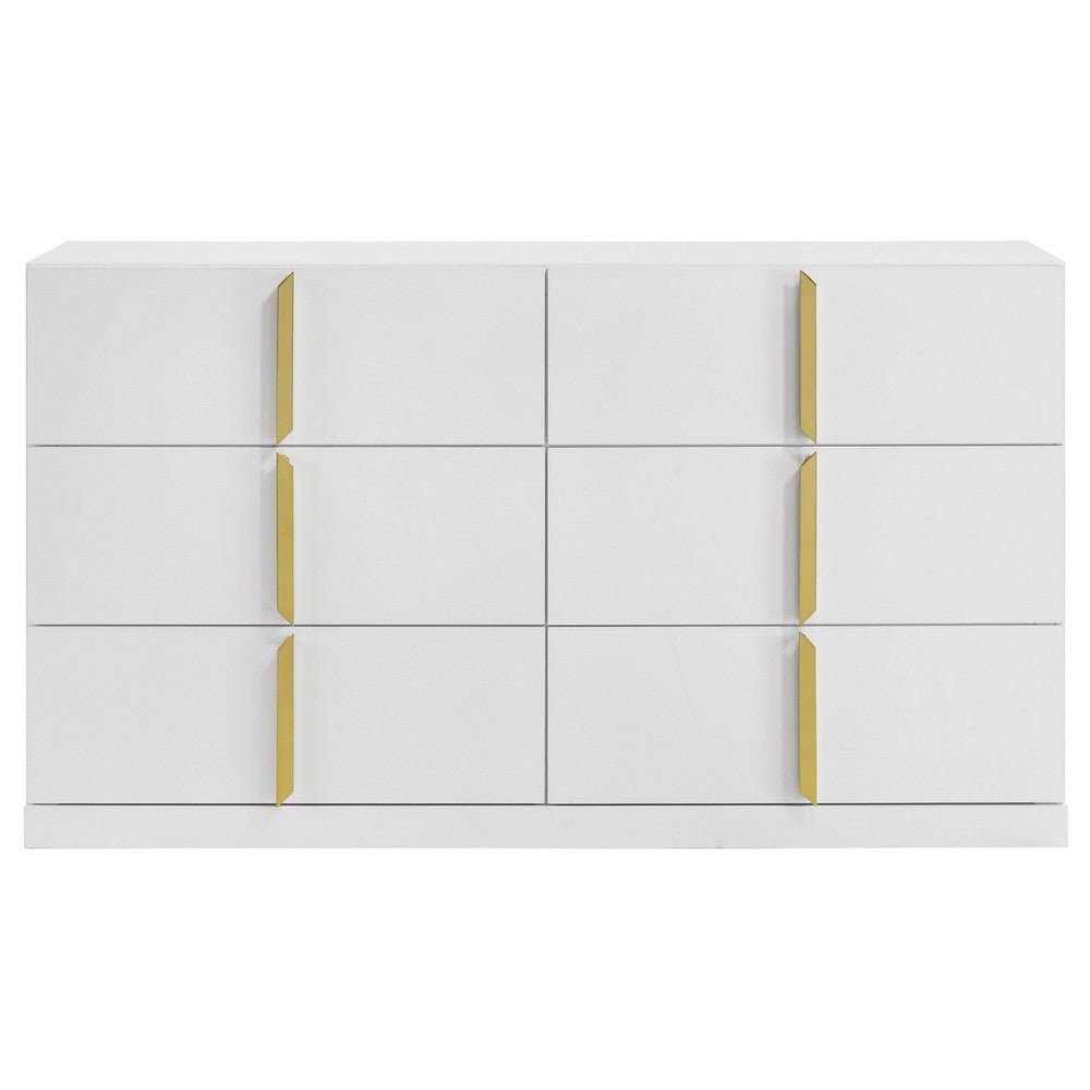 Orion Wide Dresser with 6 Drawers | Gold H&les | Glossy White Wood
