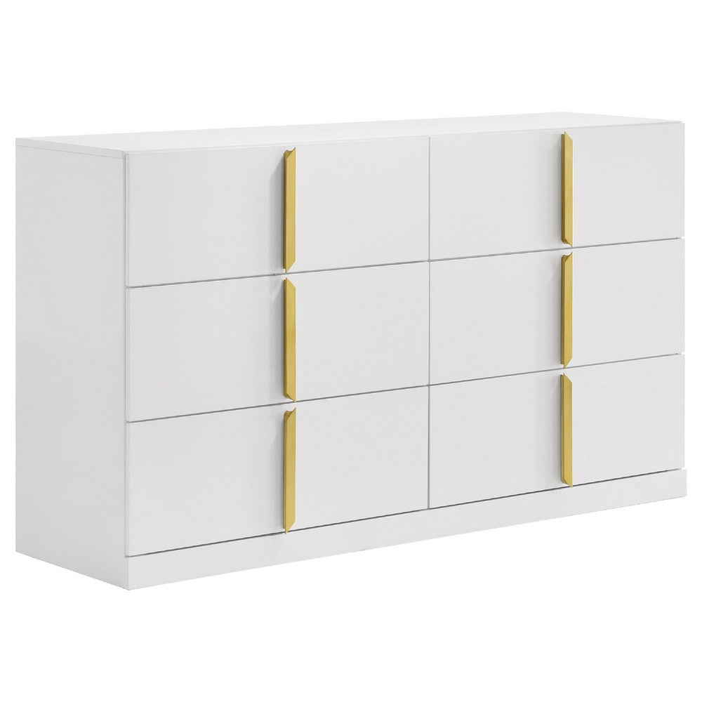 Orion Wide Dresser with 6 Drawers | Gold H&les | Glossy White Wood
