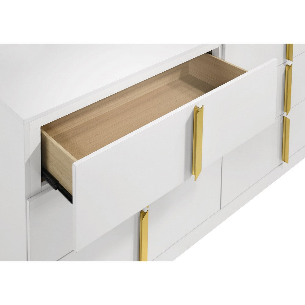 Orion Wide Dresser with 6 Drawers | Gold H&les | Glossy White Wood