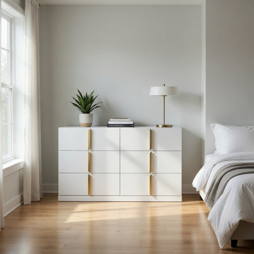 Orion Wide Dresser with 6 Drawers | Gold H&les | Glossy White Wood