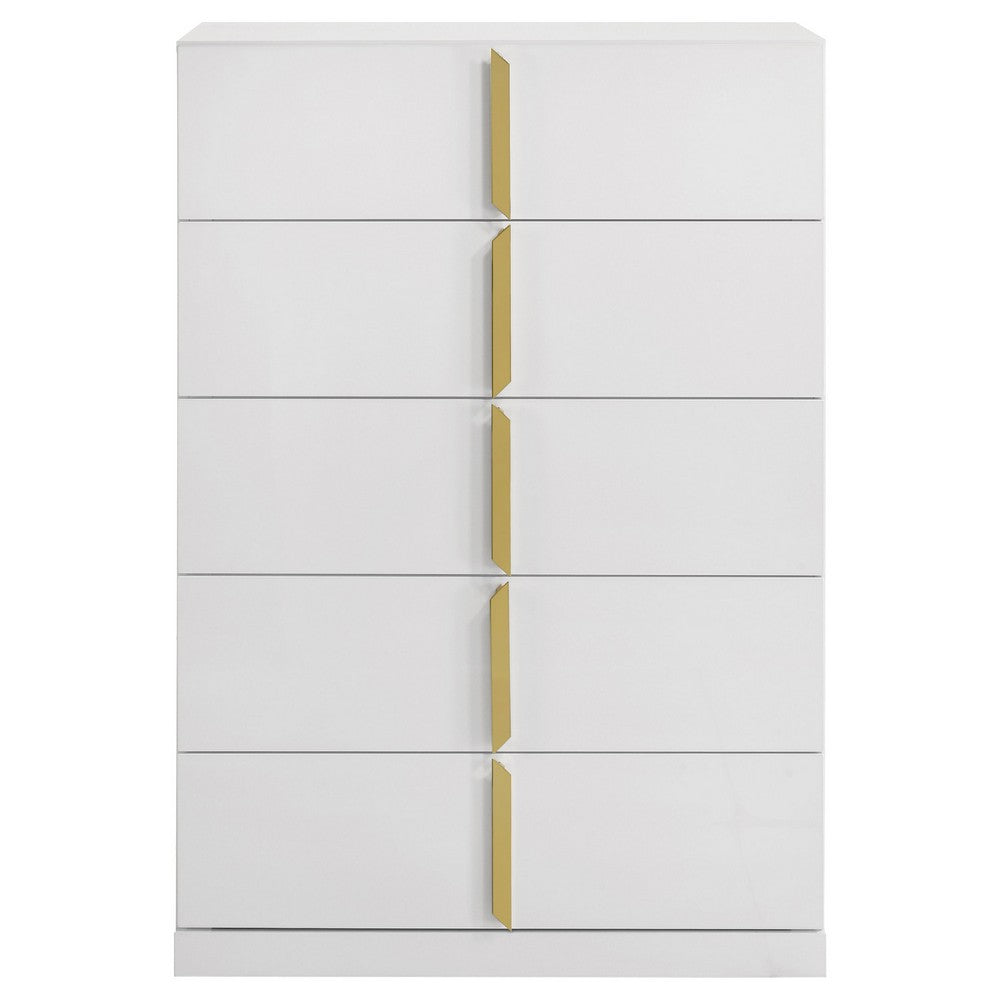 Orion Tall Dresser Chest with 5 Drawers | Gold H&les | Glossy White Wood