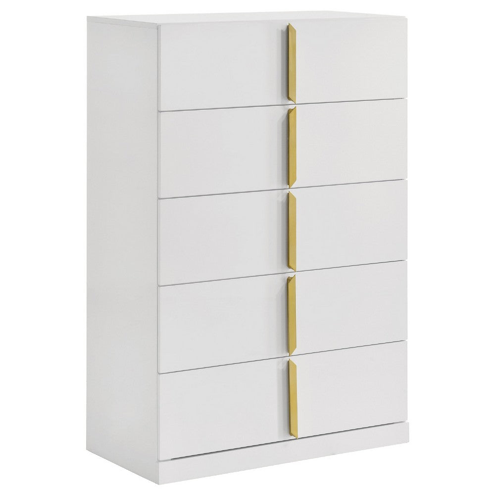 Orion Tall Dresser Chest with 5 Drawers | Gold H&les | Glossy White Wood