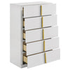 Orion Tall Dresser Chest with 5 Drawers | Gold H&les | Glossy White Wood