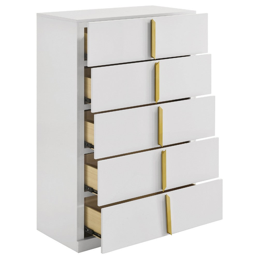 Orion Tall Dresser Chest with 5 Drawers | Gold H&les | Glossy White Wood