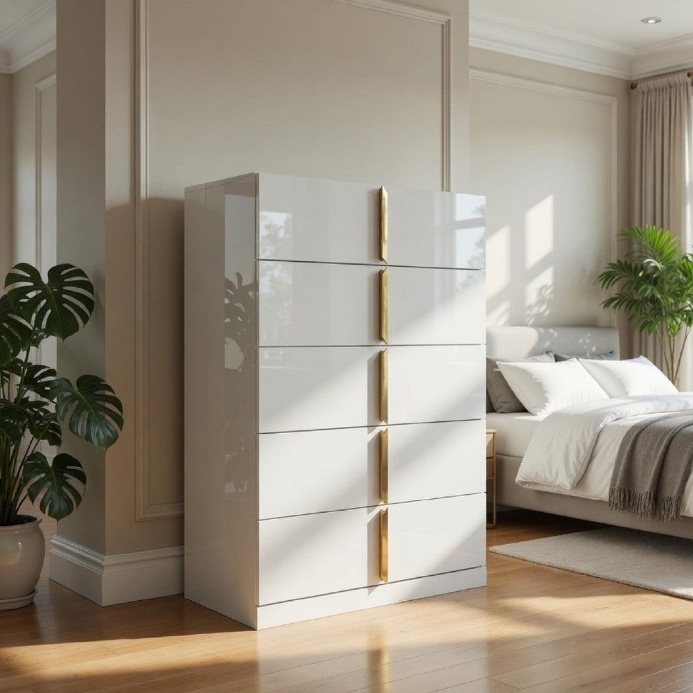 Orion Tall Dresser Chest with 5 Drawers | Gold H&les | Glossy White Wood