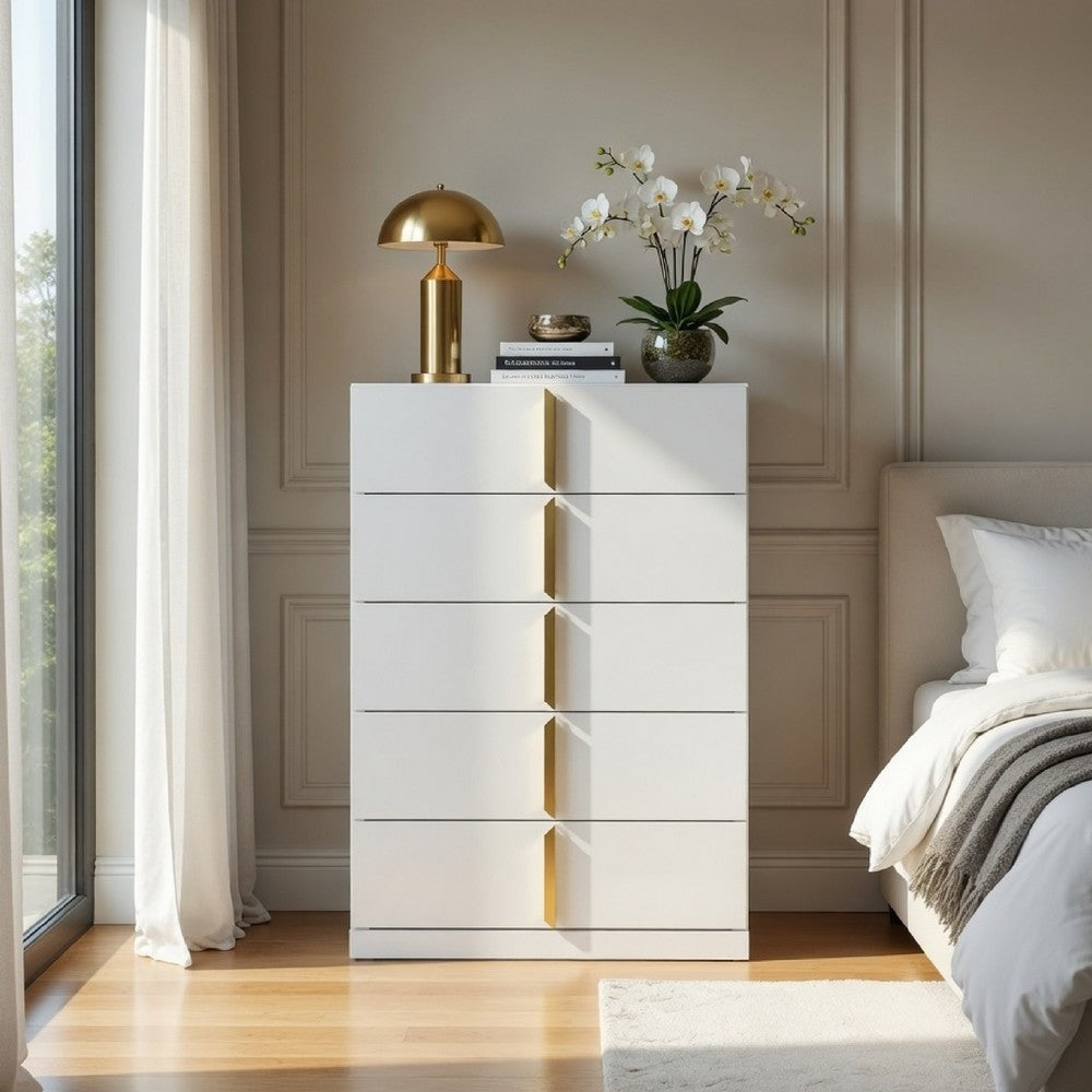 Orion Tall Dresser Chest with 5 Drawers | Gold H&les | Glossy White Wood