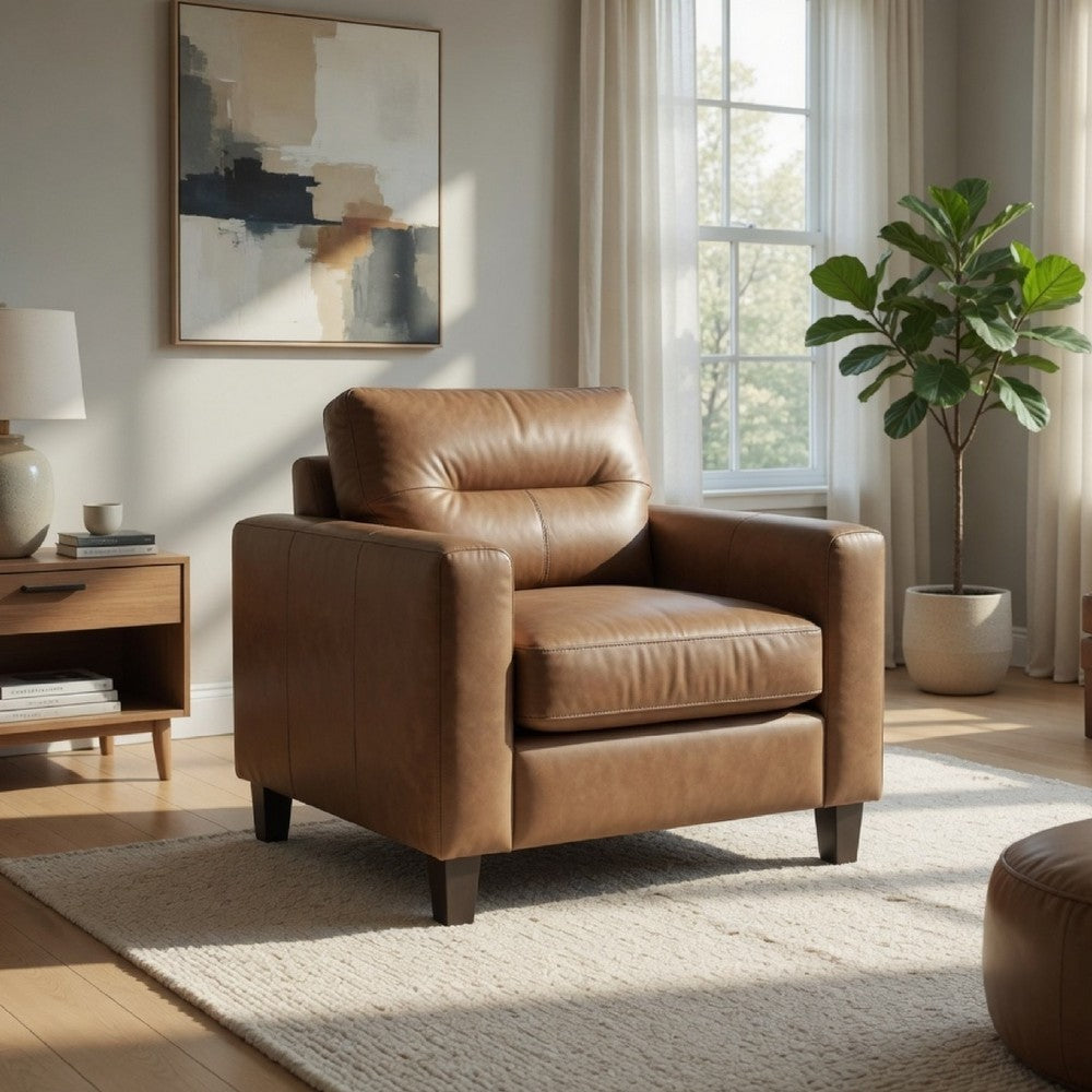 Secy Sofa Chair | Brown Faux Leather | Track Arms | Pine Wood Frame