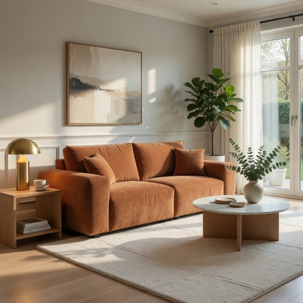 Becy Sofa with 2 Pillows | Burnt Orange Chenille | 91" Chunky Arms