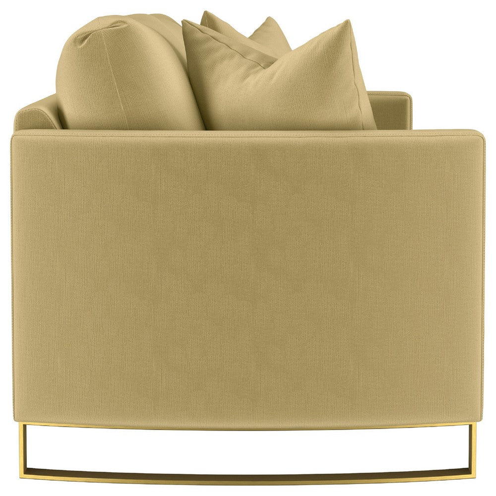 Lizzy Sofa with 2 Pillows | Camel Brown Velvet | 91" Gold Steel Legs
