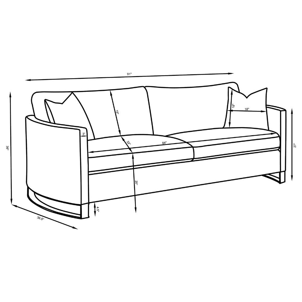 Lizzy Sofa with 2 Pillows | Camel Brown Velvet | 91" Gold Steel Legs