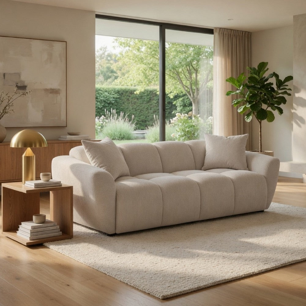 Decy Sofa | 2 Pillows | Greige Chenille | Wide Grid Tufted | 90"
