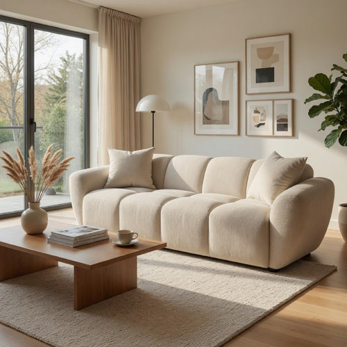 Decy Sofa | 2 Pillows | Greige Chenille | Wide Grid Tufted | 90"