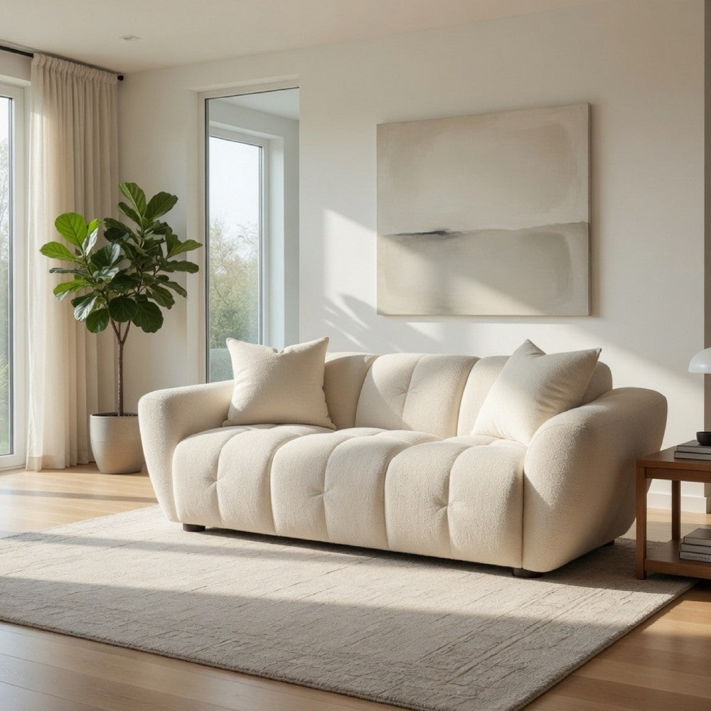 Decy Loveseat | 2 Pillows | Greige Chenille | Wide Grid Tufted | 72"