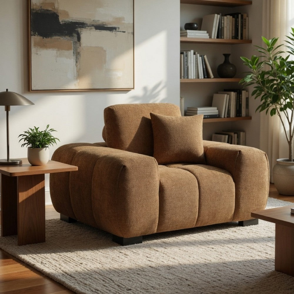 Hecy Sofa Armchair | 1 Pillow | Grid Tufted Amber Brown Upholstery