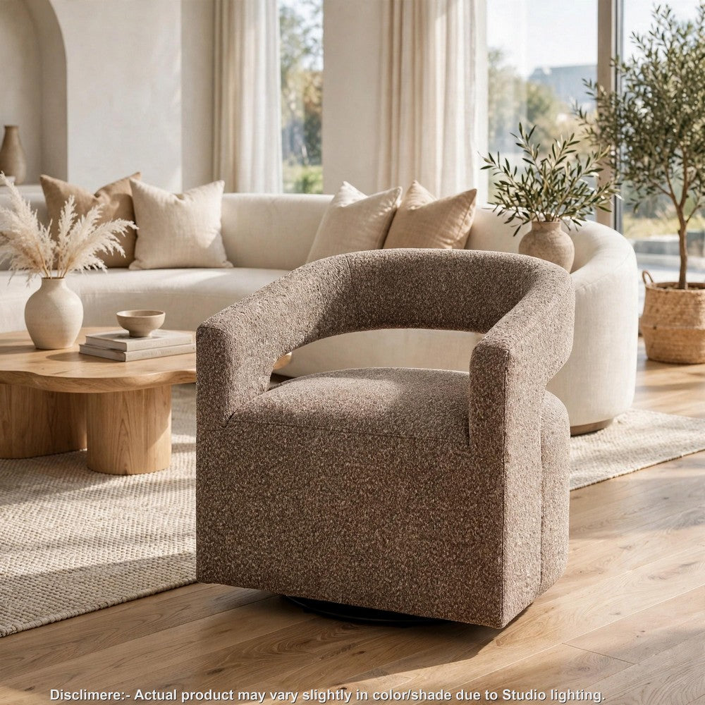 Hill Swivel Accent Chair | Barrel Back | Foam Fill Rocky Road Brown Boucle