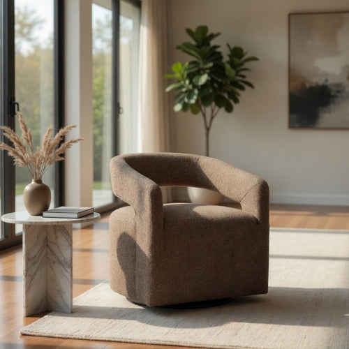 Hill Swivel Accent Chair | Barrel Back | Foam Fill Rocky Road Brown Boucle