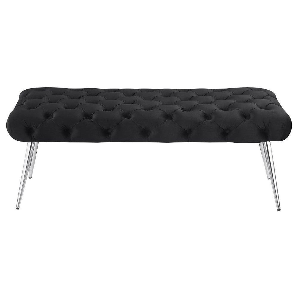 Lila Bench | Foam Seat | Button Tufted Black Velvet | Chrome Legs 47"