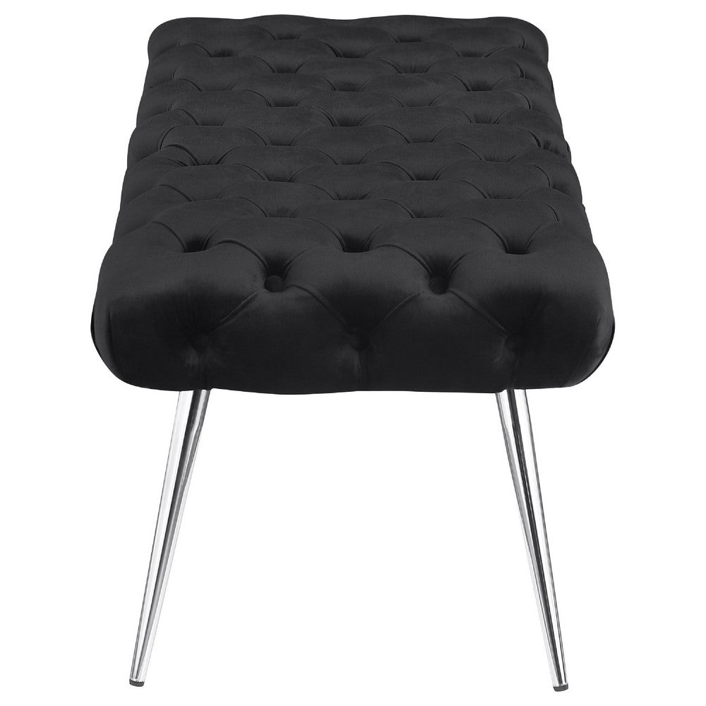 Lila Bench | Foam Seat | Button Tufted Black Velvet | Chrome Legs 47"