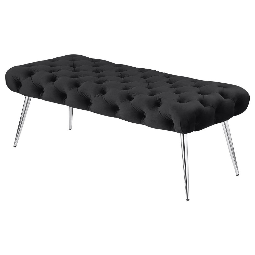 Lila Bench | Foam Seat | Button Tufted Black Velvet | Chrome Legs 47"