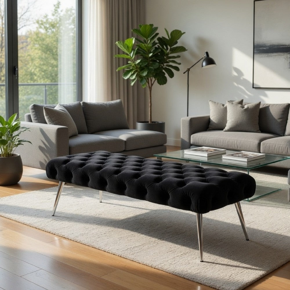 Lila Bench | Foam Seat | Button Tufted Black Velvet | Chrome Legs 47"