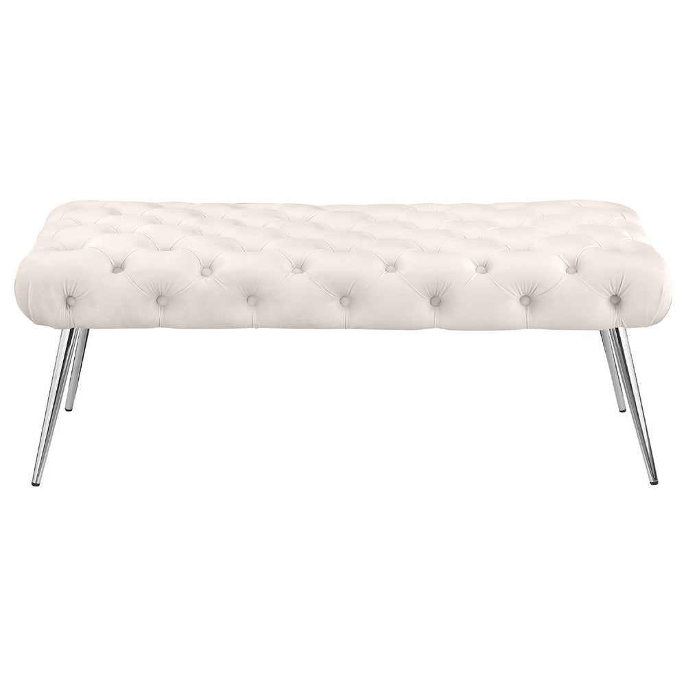 Lila Bench | Foam Seat | Button Tufted Ivory Velvet | Chrome Legs 47"