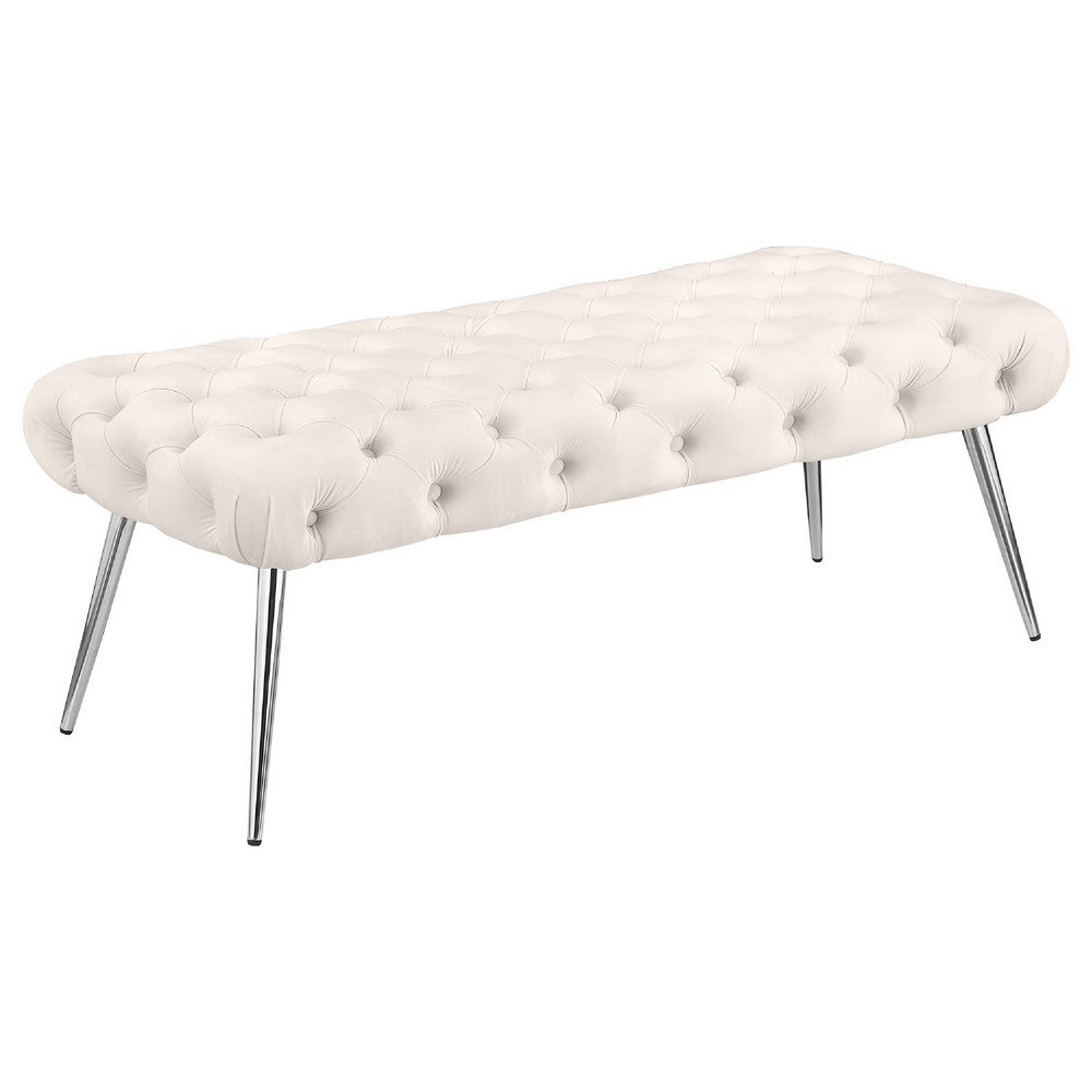 Lila Bench | Foam Seat | Button Tufted Ivory Velvet | Chrome Legs 47"