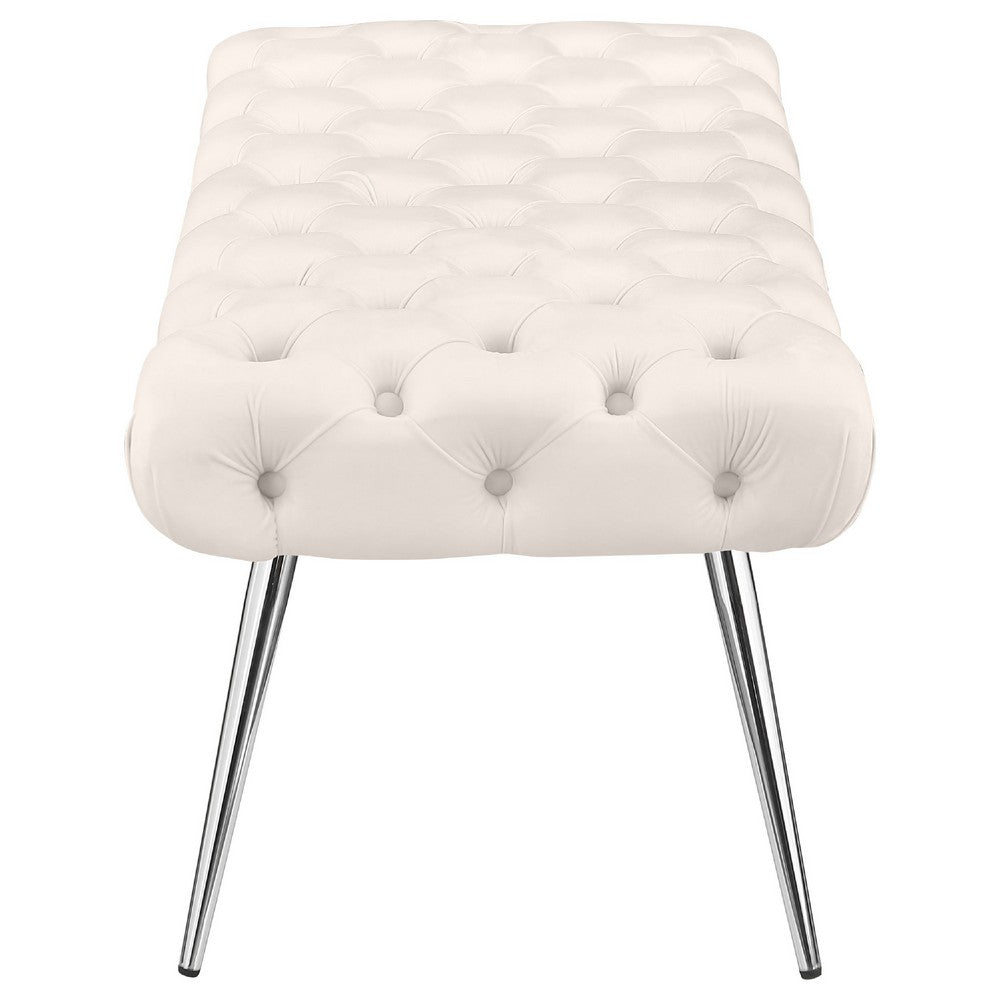 Lila Bench | Foam Seat | Button Tufted Ivory Velvet | Chrome Legs 47"