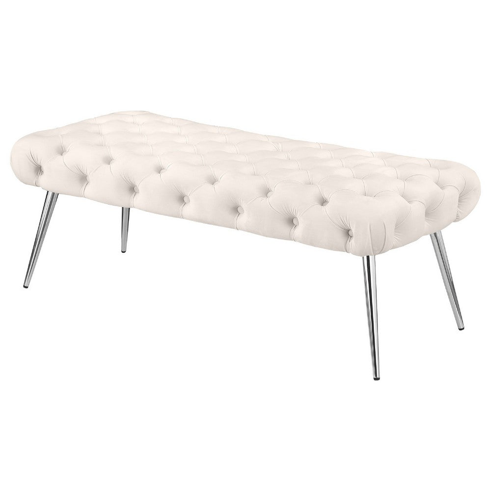 Lila Bench | Foam Seat | Button Tufted Ivory Velvet | Chrome Legs 47"