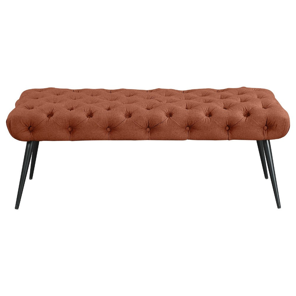 Lila Bench | Foam Seat | Button Tufted Rust Orange Fabric | Black Legs 47"