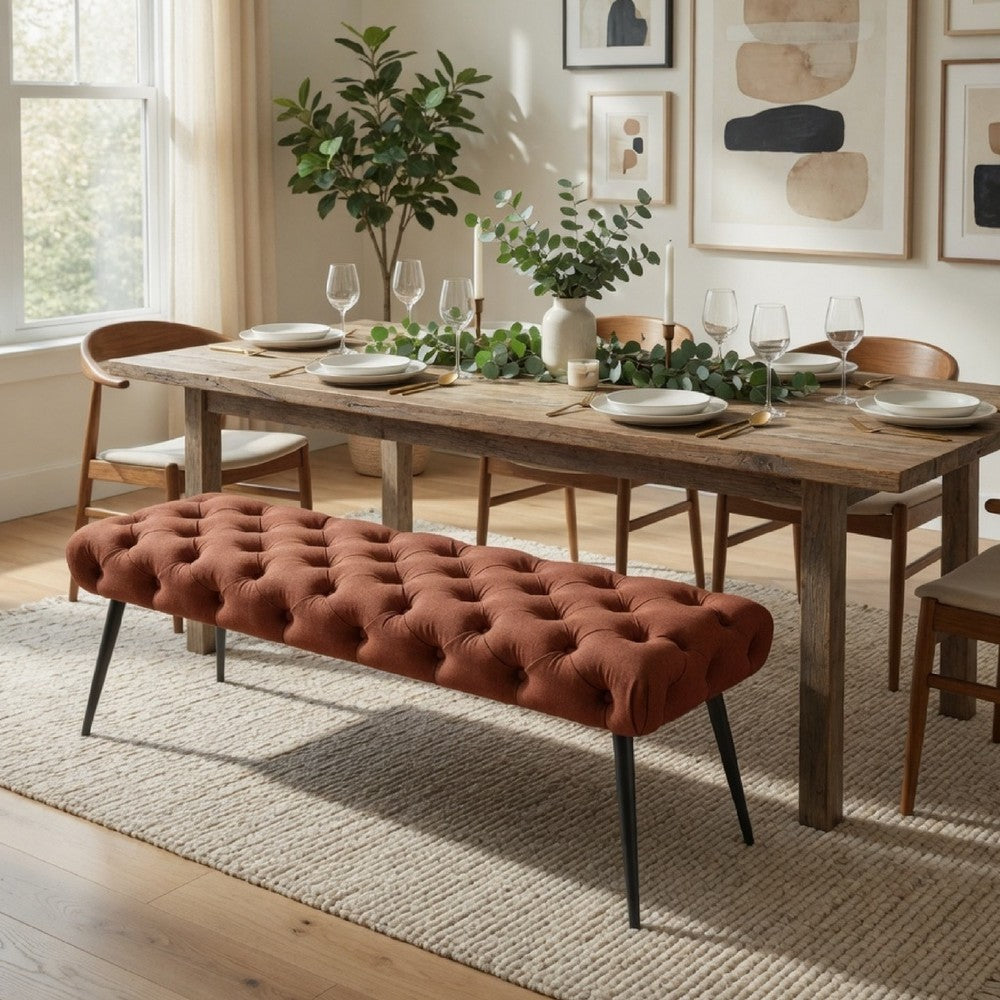 Lila Bench | Foam Seat | Button Tufted Rust Orange Fabric | Black Legs 47"