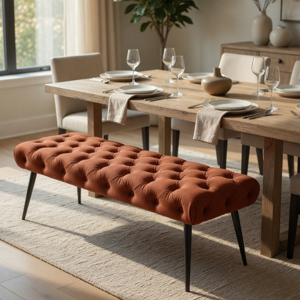 Lila Bench | Foam Seat | Button Tufted Rust Orange Fabric | Black Legs 47"