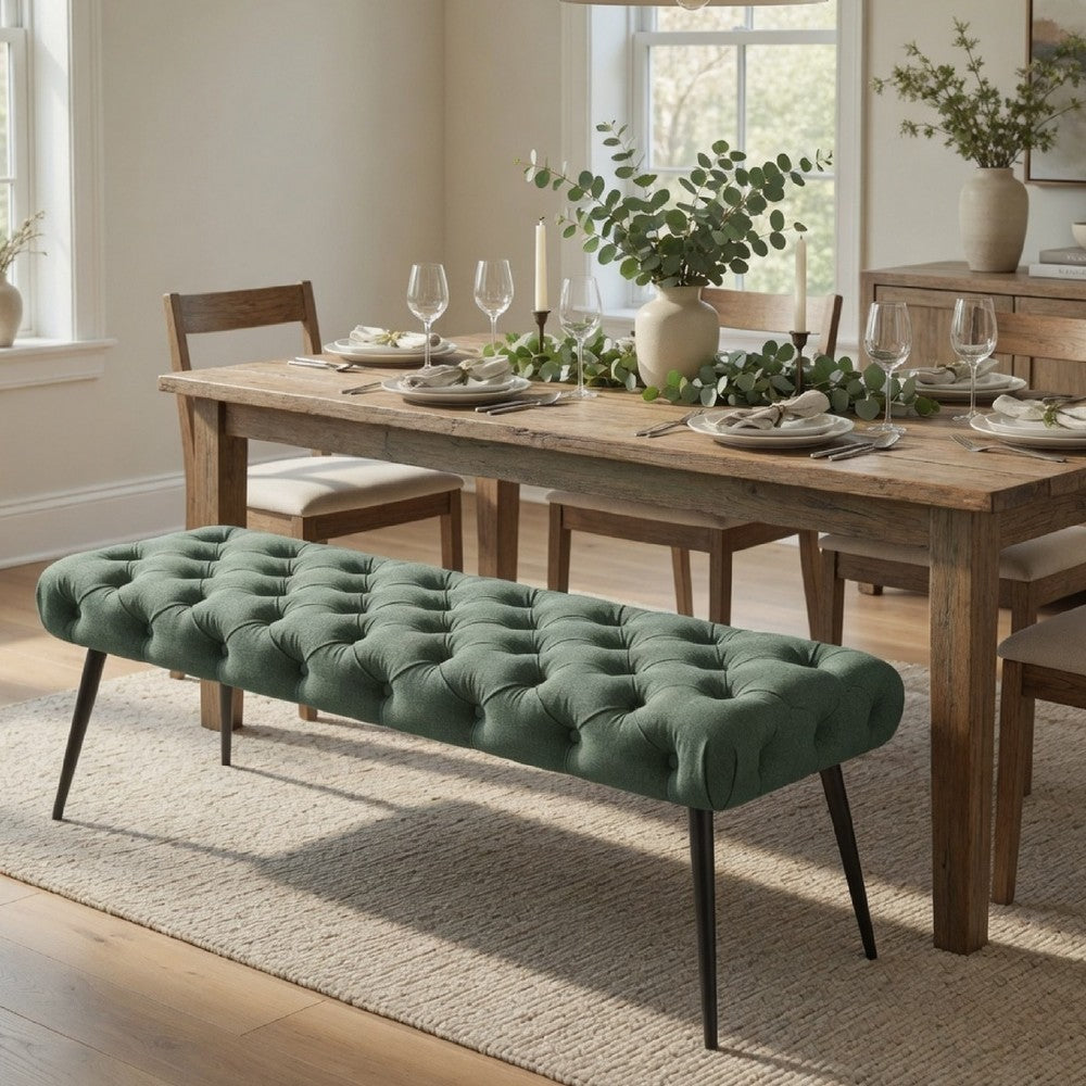 Lila Bench | Foam Seat | Button Tufted Teal Green Fabric | Black Legs 47"