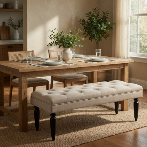 Rasa Accent Bench | Tufted Latte Brown Fabric | Black Turned Legs 52"