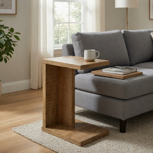 Owea Sofa Side Table | C Shaped | Rectangular | Mango Brown Wood 16"