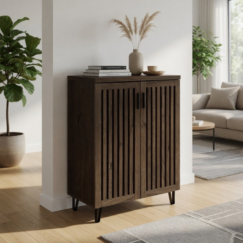 Bixi  Shoe Cabinet w Slatted Doors | Foyer Entryway Storage | Dark Oak Brown