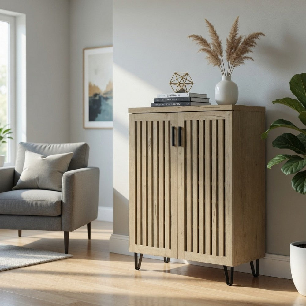 Bixi  Shoe Cabinet w Slatted Doors | Foyer Entryway Storage | White Oak Brown