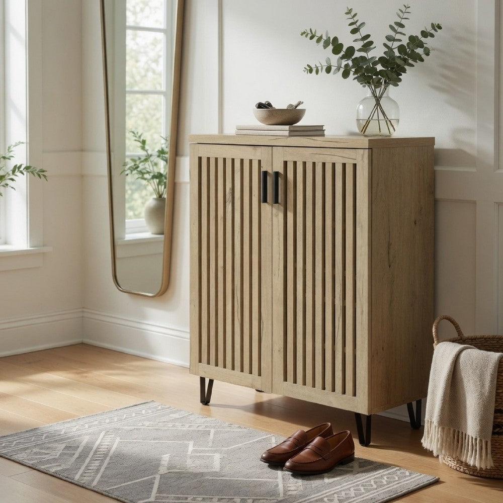 Bixi  Shoe Cabinet w Slatted Doors | Foyer Entryway Storage | White Oak Brown