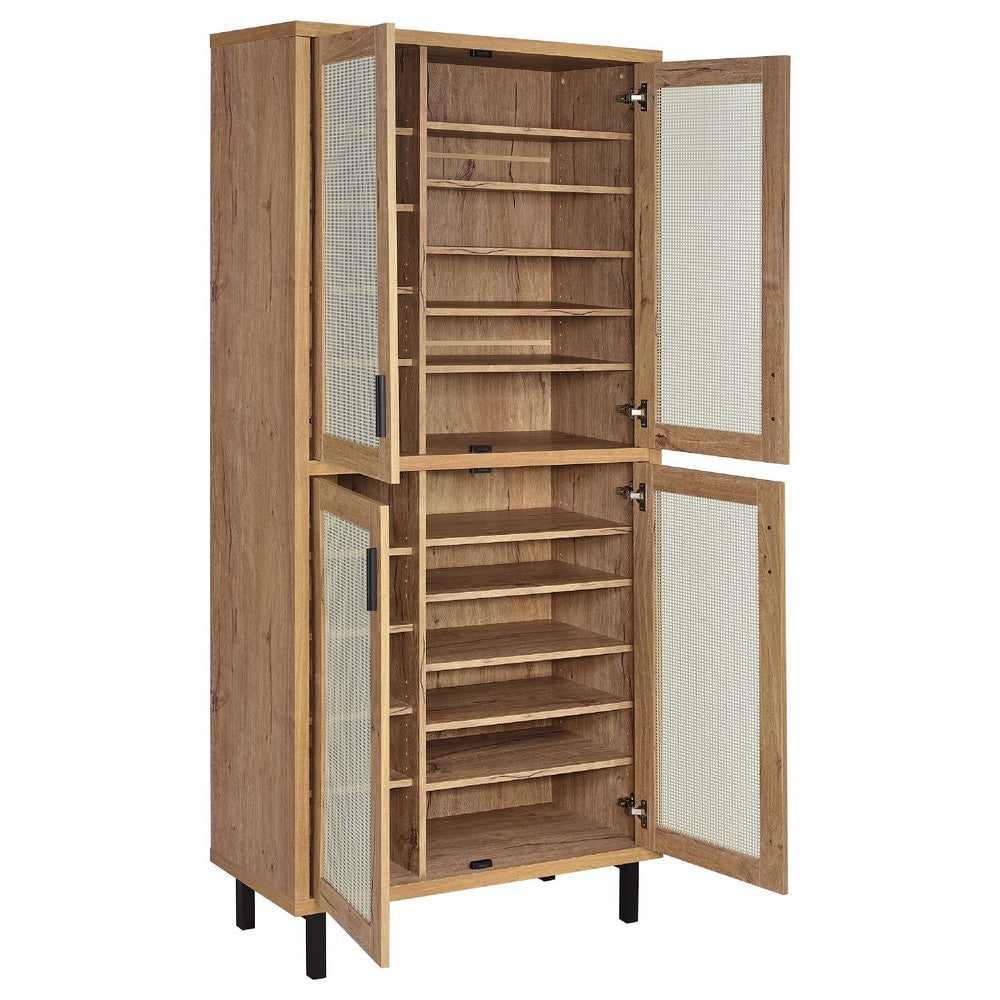 Lere Tall Shoe Cabinet | Metal Mesh Doors | 14 Shelves | Natural Oak Brown