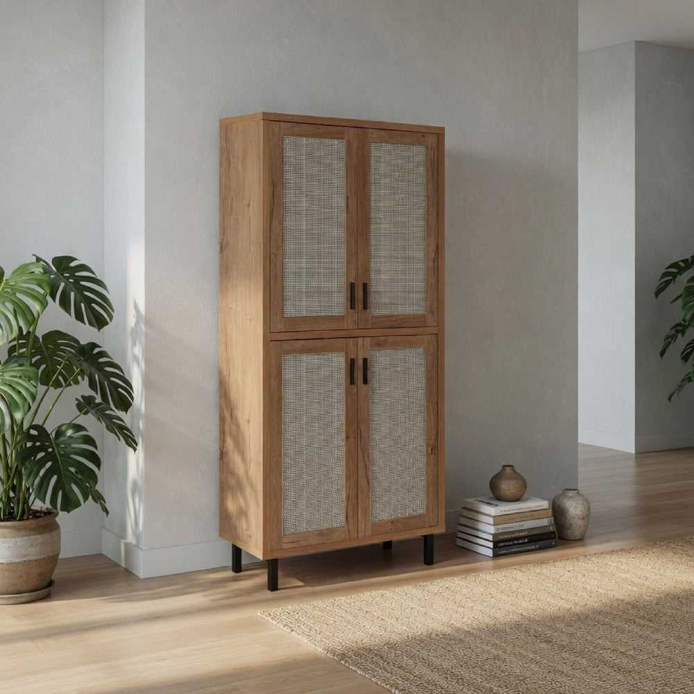 Lere Tall Shoe Cabinet | Metal Mesh Doors | 14 Shelves | Natural Oak Brown