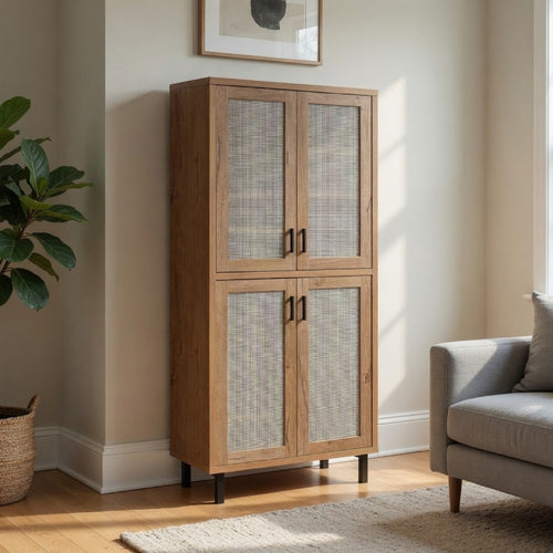 Lere Tall Shoe Cabinet | Metal Mesh Doors | 14 Shelves | Natural Oak Brown