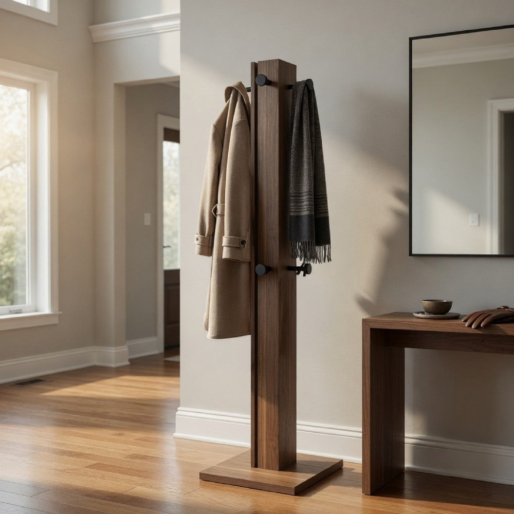 Rinki Coat Rack | 8 Metal Hooks w Wood Caps | Walnut Brown Plinth 72"